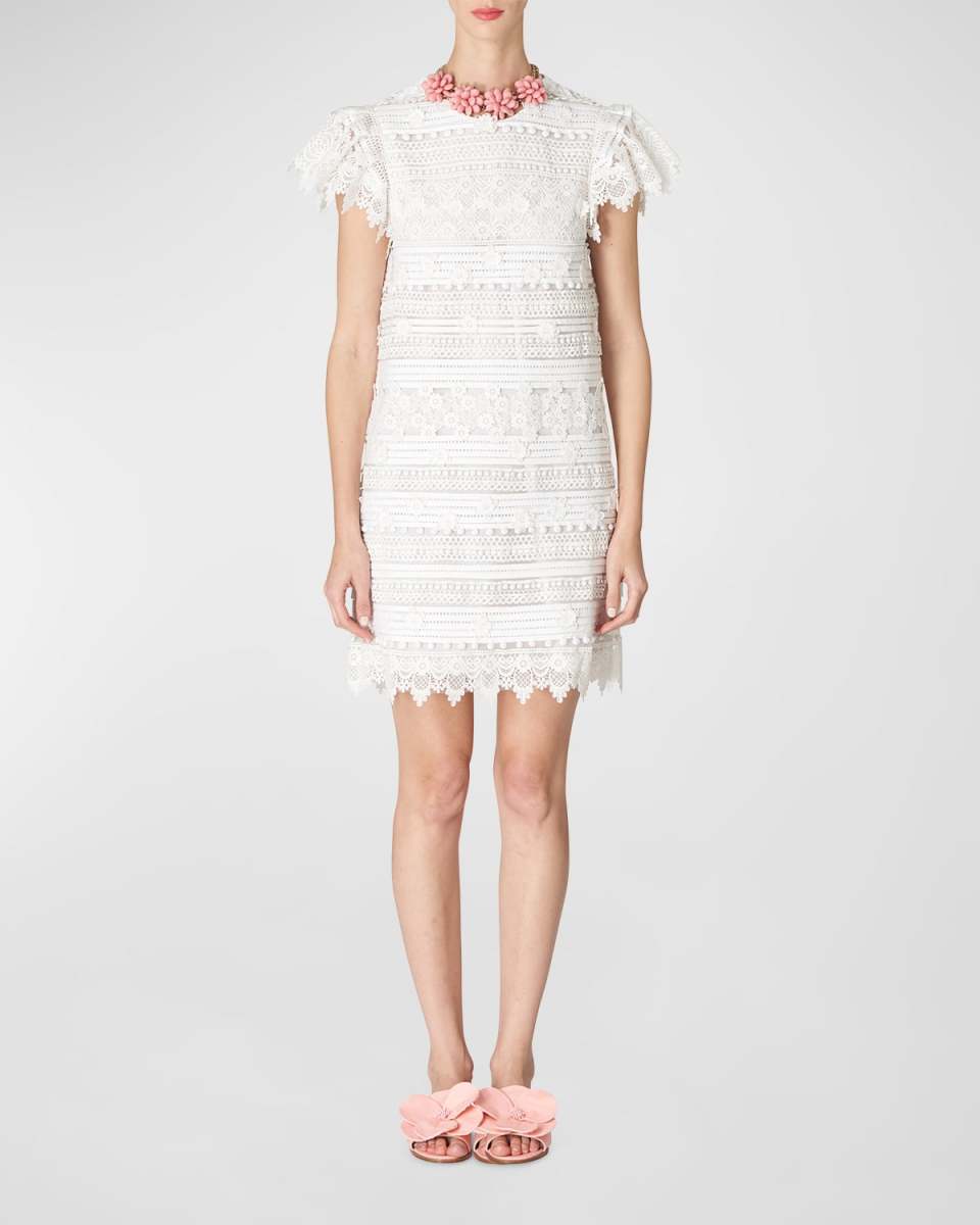 Embroidered Mini Shift Dress with Ruffle Sleeves